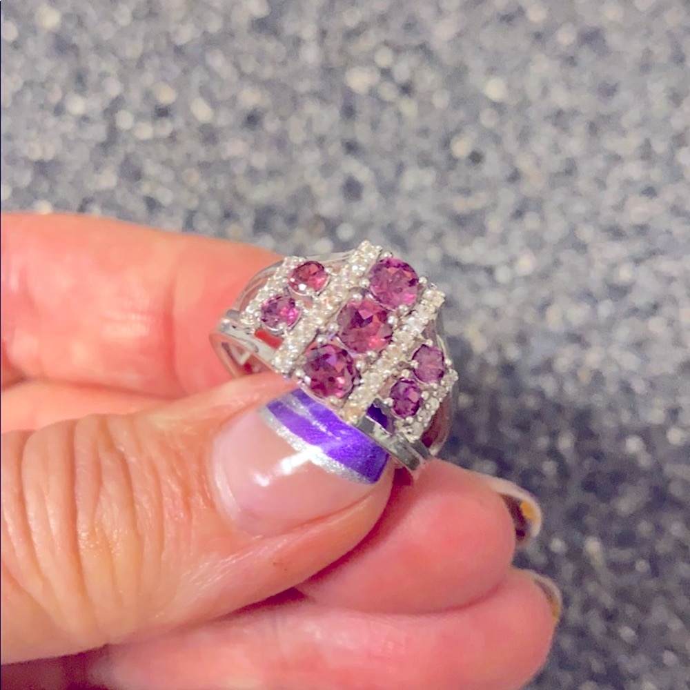 Raspberry Color Rhodolite & White Zircon Ring - image 6
